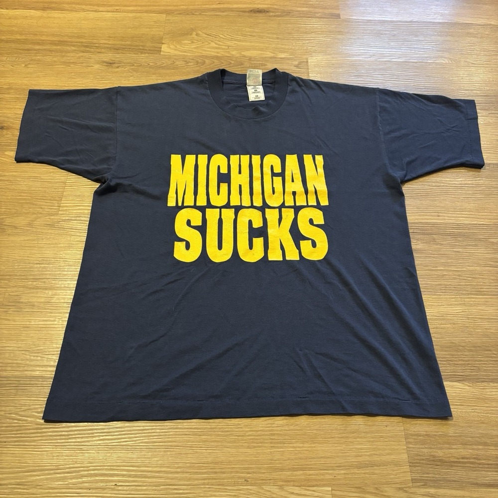 VTG 90s "Michigan Sucks" T-Shirt XL Navy Single Stitch Ohio State Buckeye OSU